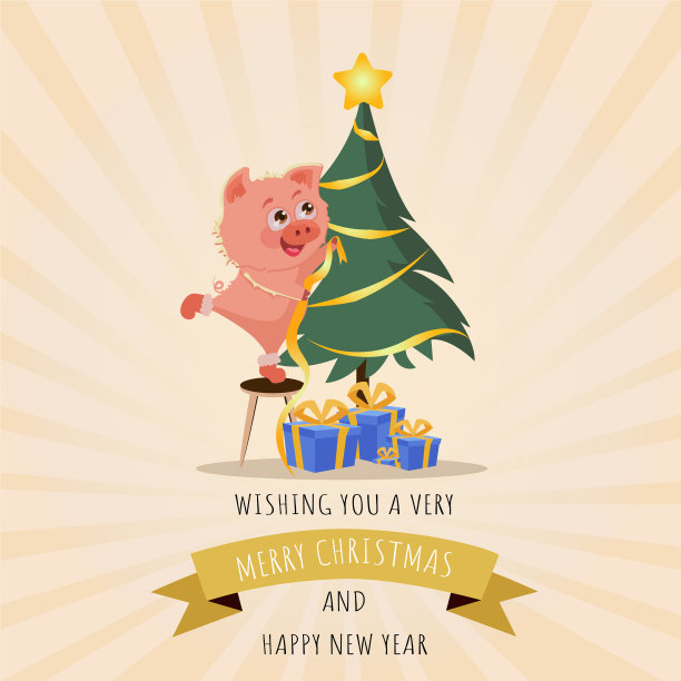 圣诞猪和新年树图片下载