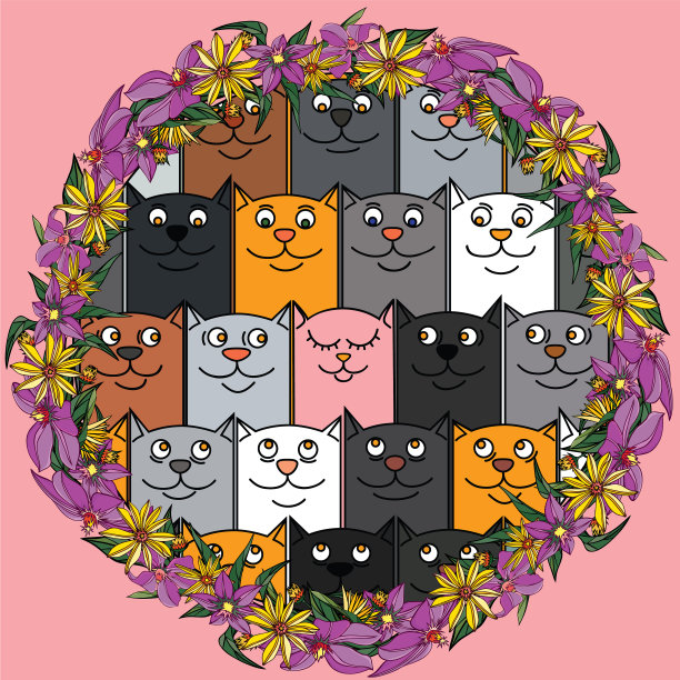 涂鸦可爱的五彩猫和一个粉红色的小猫图片下载