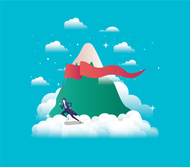 女商人拿着旗子在天空中竞争图片下载