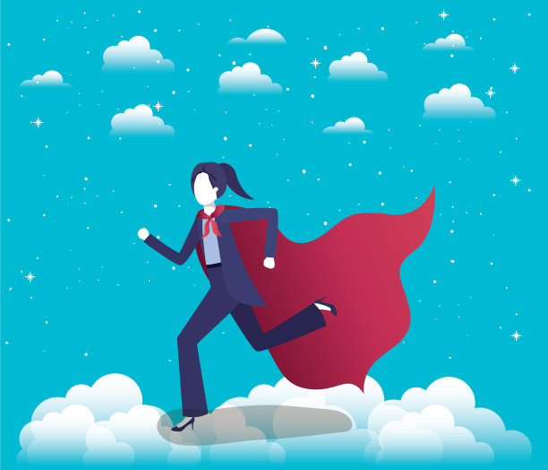 穿着英雄外套的女商人在天空中奔跑图片下载