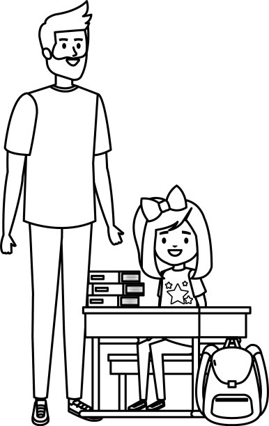 快乐的女学生和男老师在课桌上图片下载