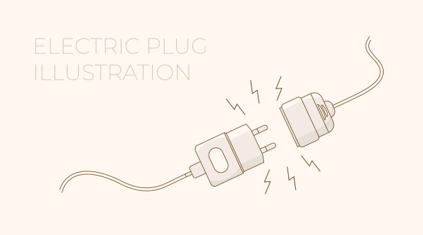 电插头。矢量平面轮廓插图。概念背景插头和插座拔出与闪电。模板为网站技术页面或网络横幅图片下载