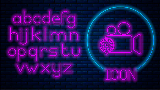 发光的霓虹灯电影或摄像机和齿轮图标图片下载