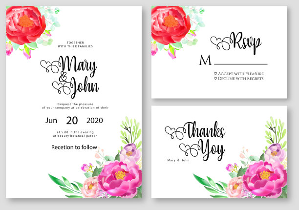 美丽的花婚礼邀请卡和菜单图片下载