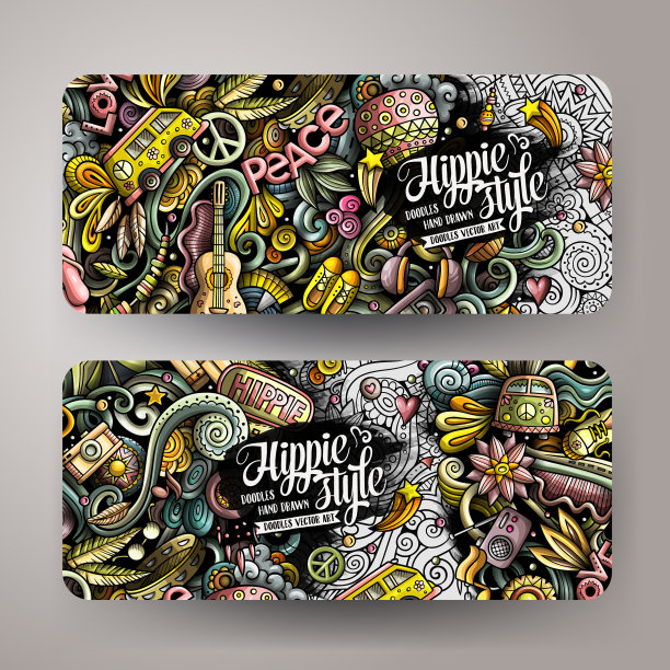 嬉皮士手绘涂鸦横幅设置卡通图片下载