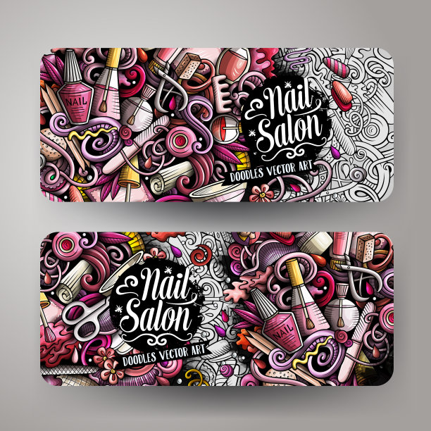 指甲艺术手绘涂鸦横幅设置卡通图片下载