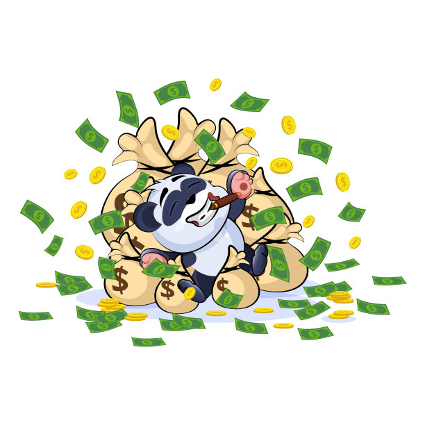 熊猫快乐地躺在一袋袋的钱上图片下载