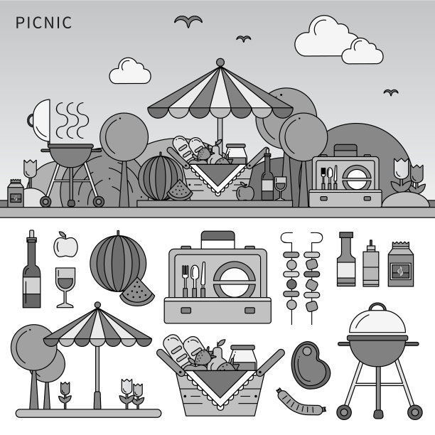 夏日野餐线单色图片下载