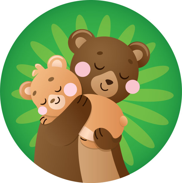 熊妈妈和孩子在绿色的圆圈背景上图片下载