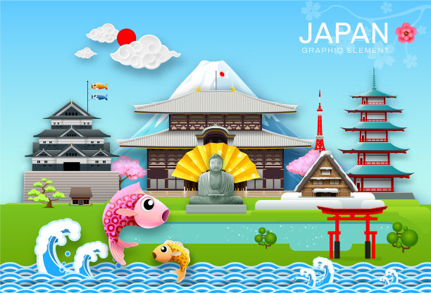 日本标志性旅游物品剪纸折纸图片下载