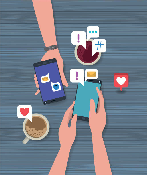 人们使用带有咖啡杯的智能手机进行社交图片下载