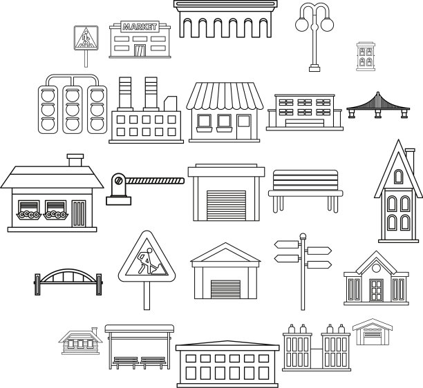 城市建筑图标设置轮廓风格图片下载