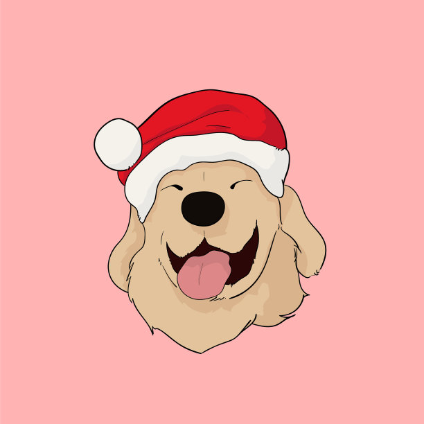 金毛猎犬戴着圣诞帽微笑着图片下载