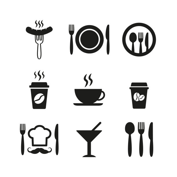 餐厅和咖啡馆图标设置在白色背景图片下载