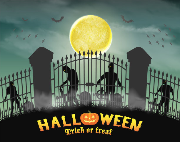 僵尸群在墓地门的墓地后面图片下载