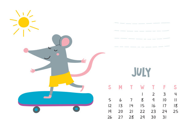 7月日历页与可爱的老鼠在旅行图片下载