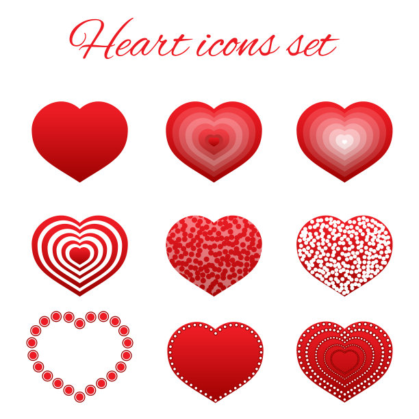设置九个红心平面图标孤立图片下载