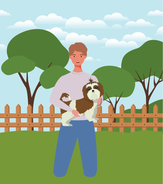 一个年轻人在营地里举起可爱的狗吉祥物图片下载