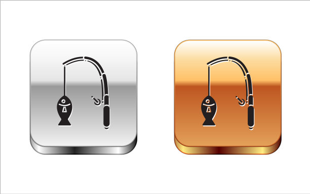 黑色的鱼竿和鱼的图标孤立在白色图片下载