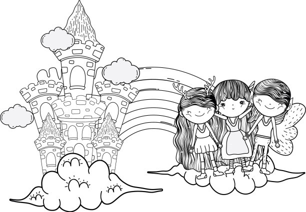 可爱的小仙女与城堡和彩虹在一起图片下载