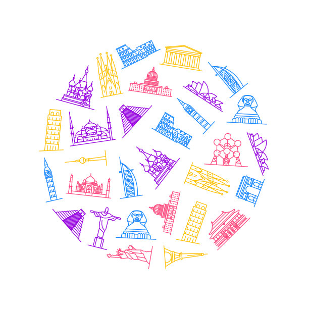 世界地标标志细线圆设计图片下载