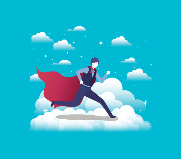 穿着英雄外套的商人在天空中奔跑图片下载