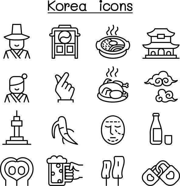 韩国图标设置在细线风格图片下载