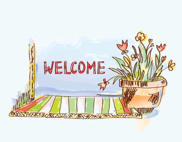 欢迎横幅与门和鲜花素描图片下载