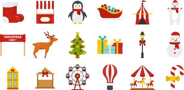 圣诞博览会图标设置扁平风格图片下载