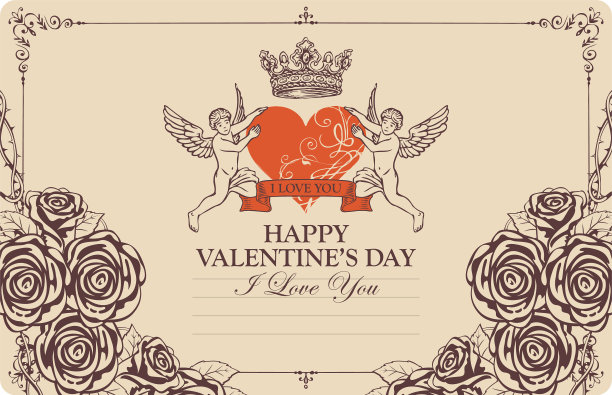 带着丘比特之心和玫瑰的老式情人节卡片图片下载