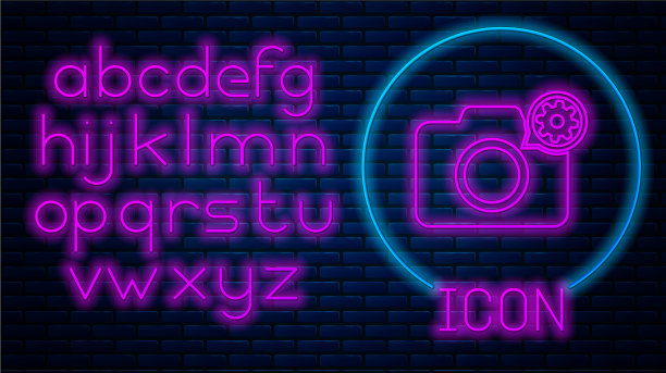 发光的霓虹灯照片相机和齿轮图标孤立图片下载