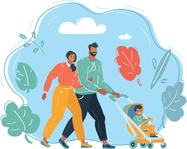 角色是推着婴儿车的父母和一个孩子图片下载