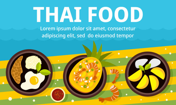 午餐泰式食物概念横幅平坦风格图片下载