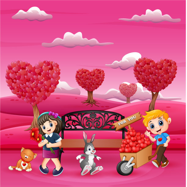 男孩和女孩和他们的宠物在粉红色的卡通图片下载