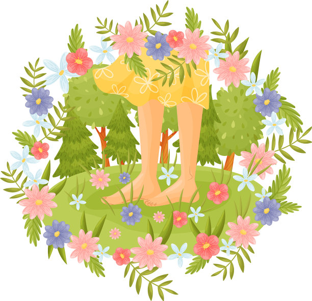 赤着脚，穿着黄色的裙子，站在草地上图片下载