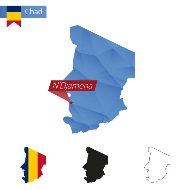 乍得蓝色低聚地图与首都恩贾梅纳图片下载