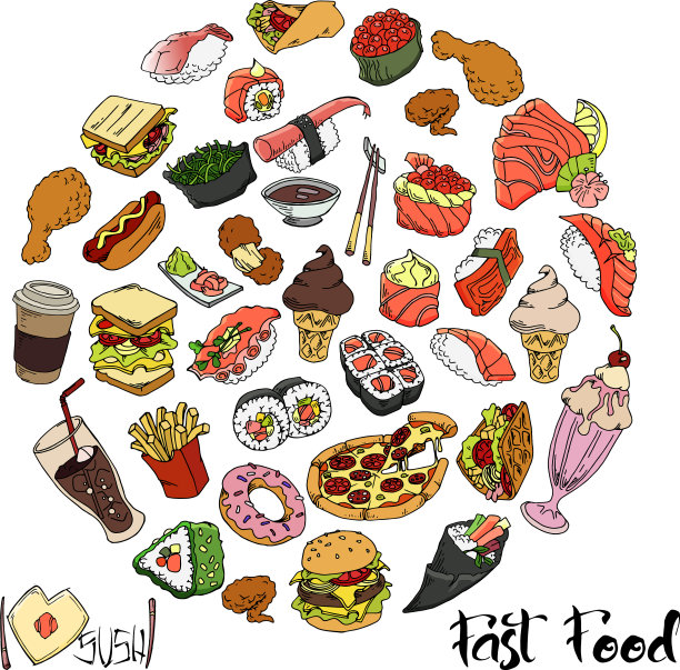 设置手绘涂鸦食品快餐和寿司图片下载