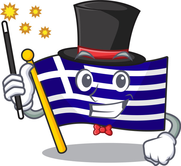魔术师把希腊国旗放在卡通柜中图片下载