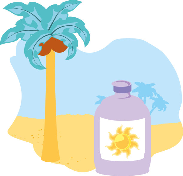 太阳能封堵瓶在海滩与棕榈树图片下载