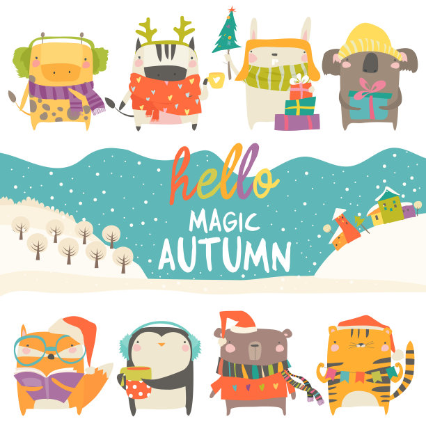 将可爱的动物与冬季主题设置在白色上图片下载