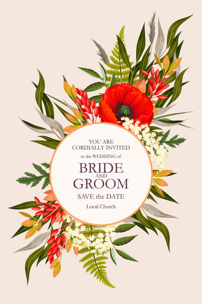 带有鲜花和绿叶的复古婚礼卡片图片下载