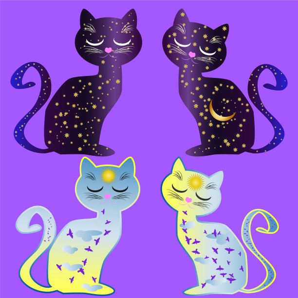 一组四只猫两只猫日两只猫夜图片下载