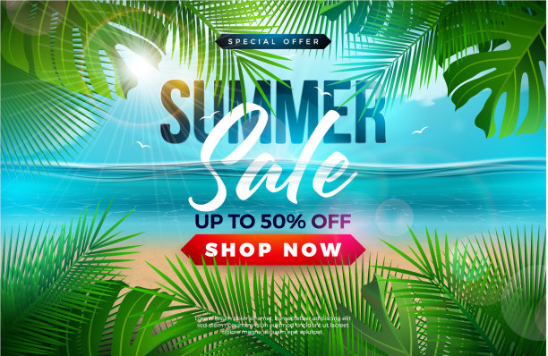 夏季销售设计与棕榈叶和排版图片下载