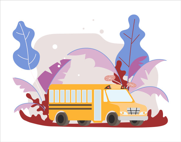 有树和灌木丛的校车图片下载