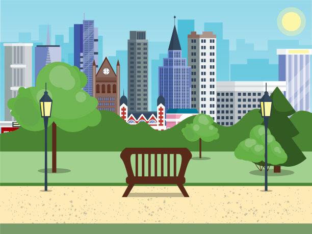 公共城市公园与长椅、主要街道与城市图片下载