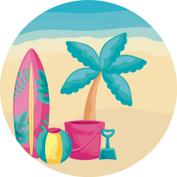 冲浪板与热带棕榈和图标在海滩图片下载