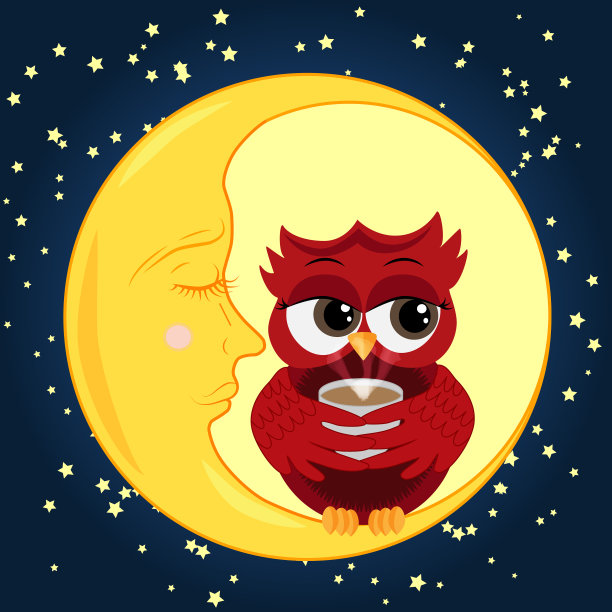 可爱的卡通猫头鹰配一杯妖艳的红色图片下载