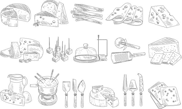 手绘一套不同类型的奶酪图片下载