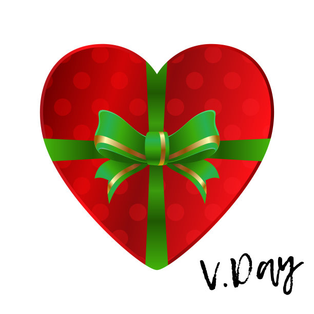红色的心形礼物，白色的绿色丝带图片下载