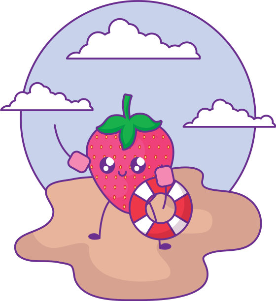 草莓和彩车在海滩卡哇伊图片下载